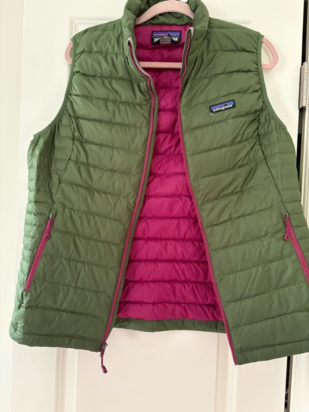 Patagonia Olive Green Puffer Vest with Pink Lining
